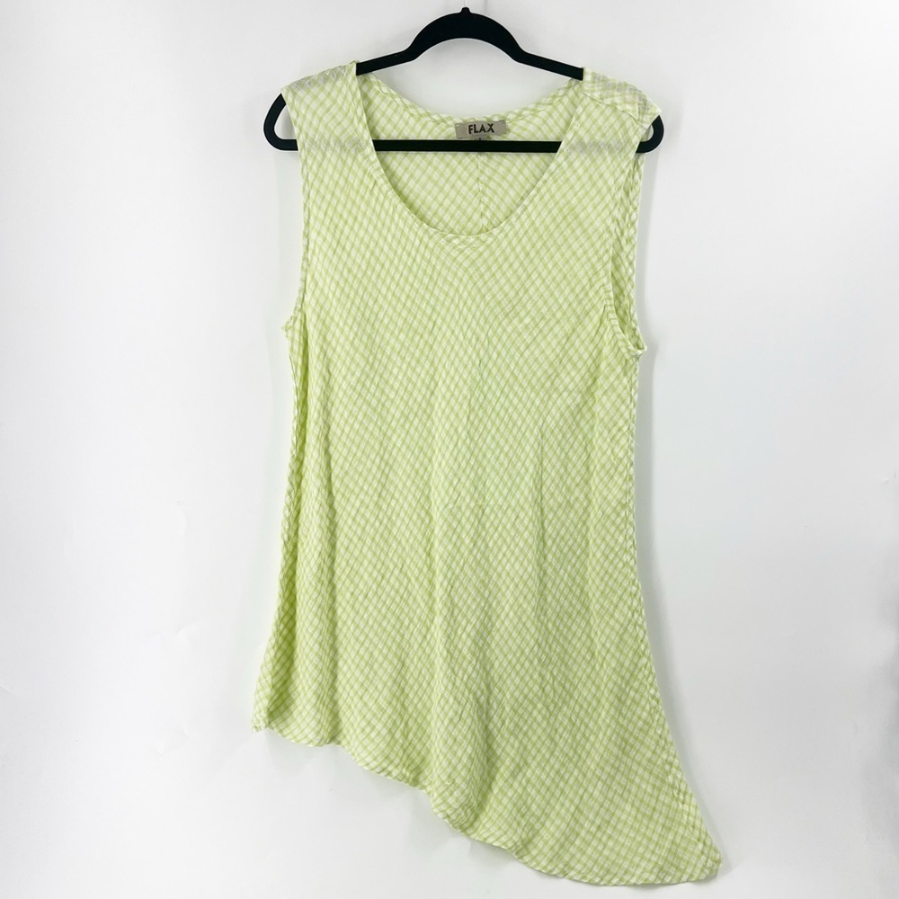 ✅ FLAX Designs Linen Airy Tunic PEAR GINGHAM SIZE LARGE GREEN/WHITE ASYMETRICAL